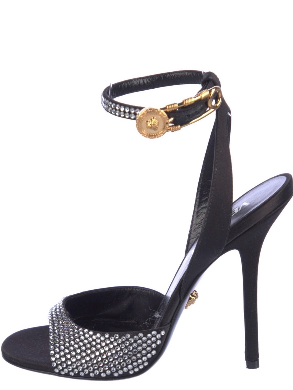 Versace Black Crystal Ankle-Strap Stiletto with Gold Medallion